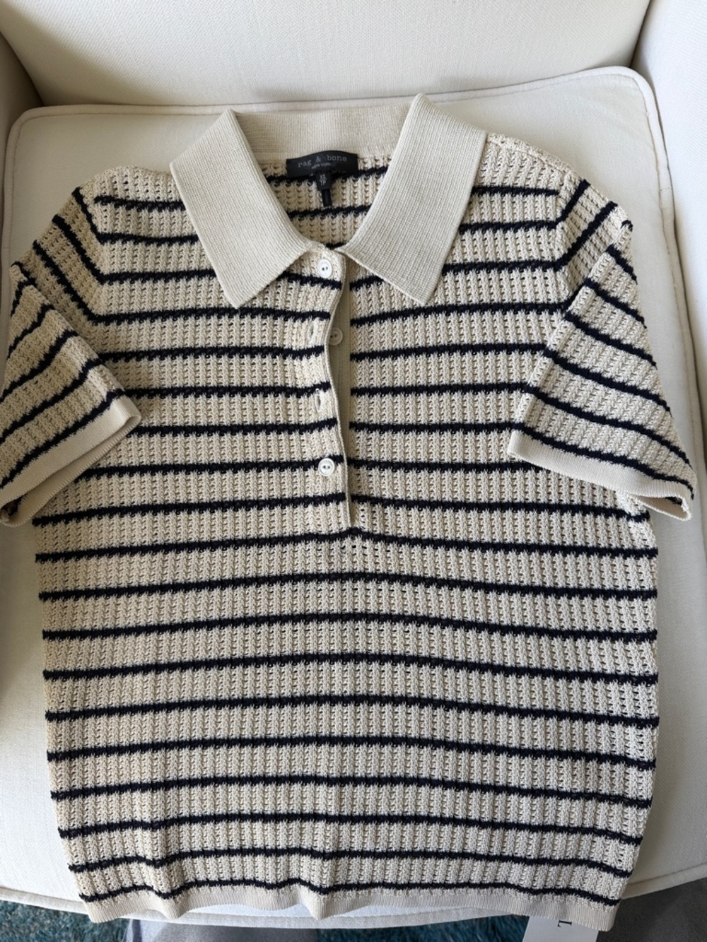 rag & bone Cream and Black Striped Short Sleeve Polo Tee